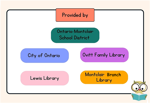 Decorative colored bubbles telling who is providing this program. OMSD, City of Ontario. Ovitt, Lewis and Montclair Libraries